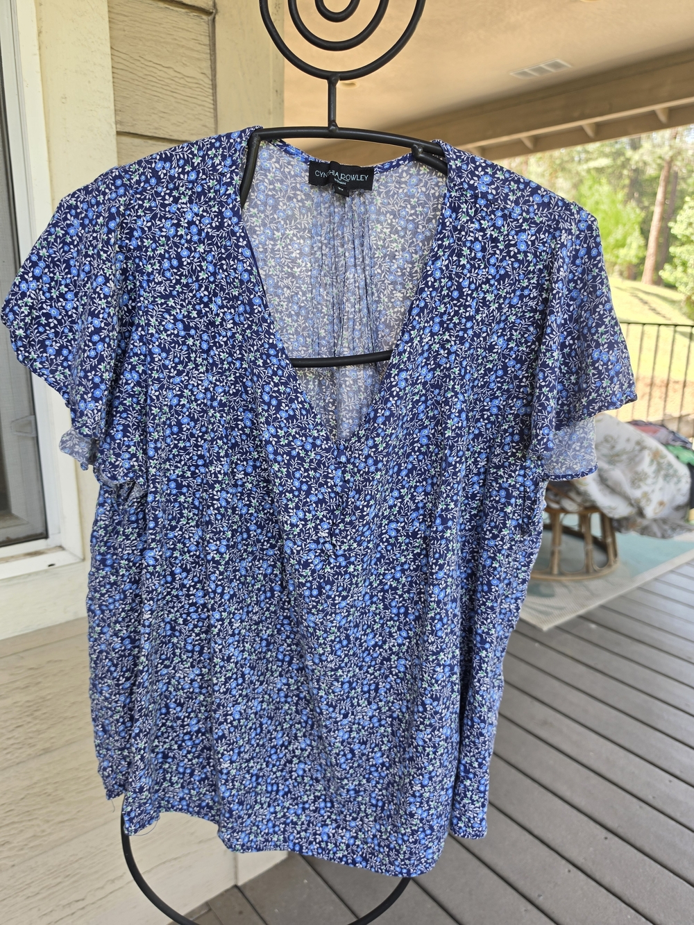 Cynthia Rowley Navy and Light Blue Floral V-Neck Flutter Top